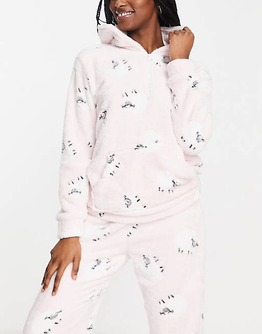 Bouwen Zoeken Rubriek Loungeable - Fleece pyjama met schapenprint en korte rits in roze | ASOS