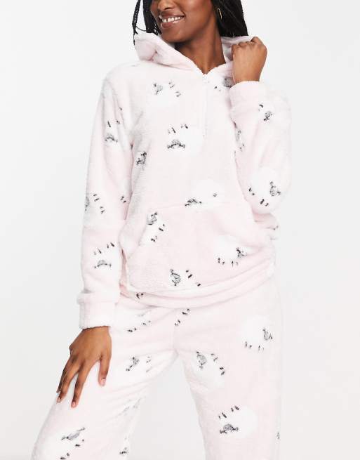 Versterker Condenseren Herinnering Loungeable - Fleece pyjama met schapenprint en korte rits in roze | ASOS