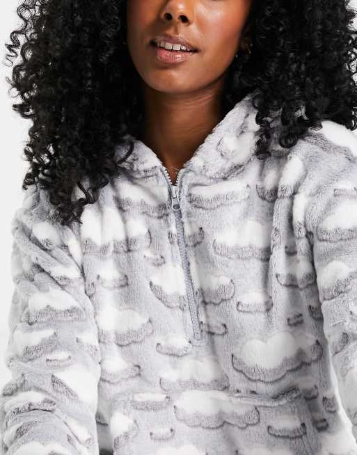 Loungeable fleece pyjamas with half zip in grey cloud print