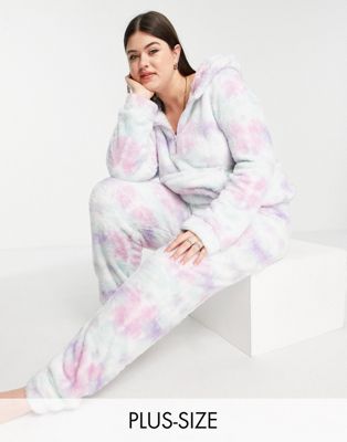 Loungeable fleece pyjamas with half zip in pastel tie dye
