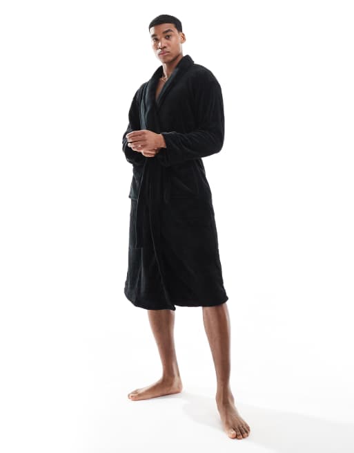 Loungeable Fleece shawl collar robe in black