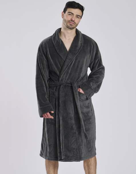 Loungeable Fleece shawl collar robe in grey - view 1