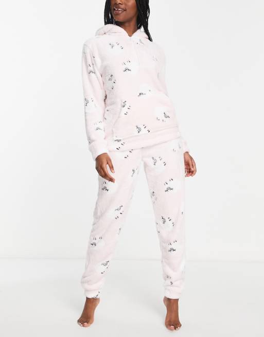 Loungeable fleece sheep print pajamas with half zip in pink ASOS