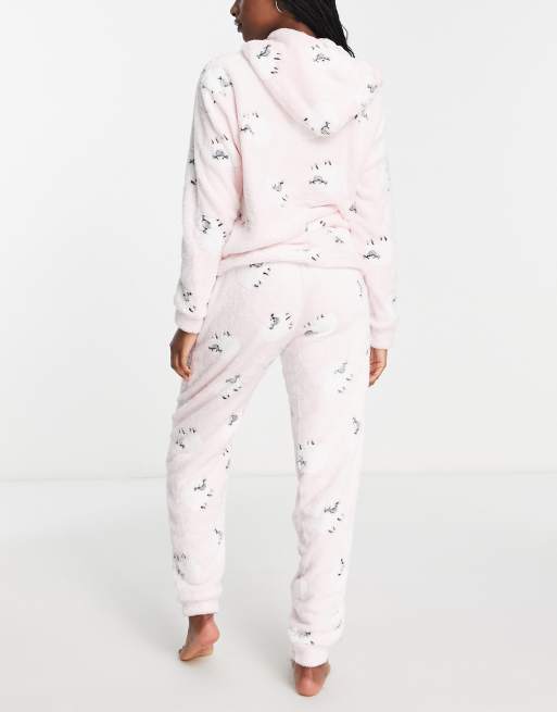 Loungeable fleece sheep print pajamas with half zip in pink