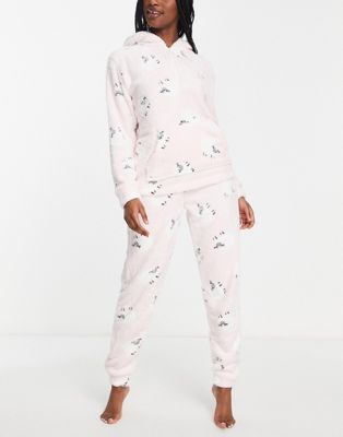 Loungeable fleece sheep print pyjamas with half zip in pink