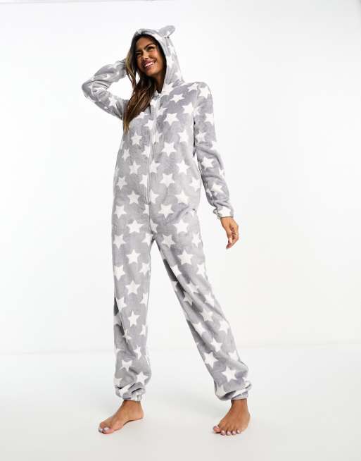Loungeable fleece star print all in one in dark grey