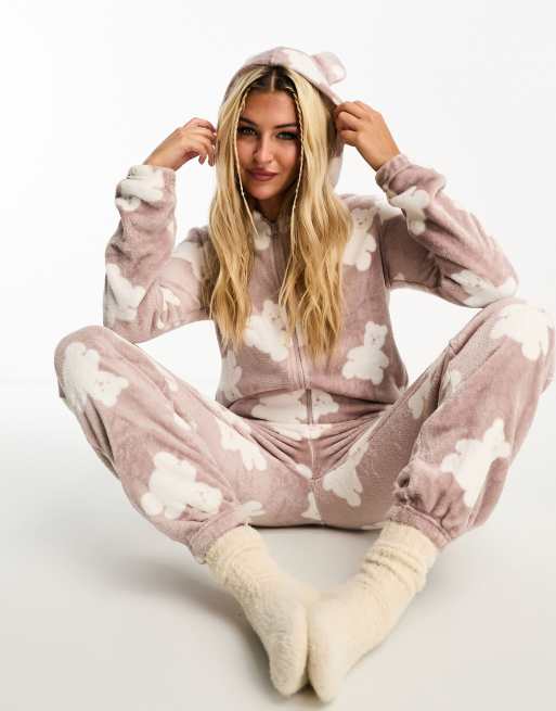 Loungeable fleece teddy print all in one in beige