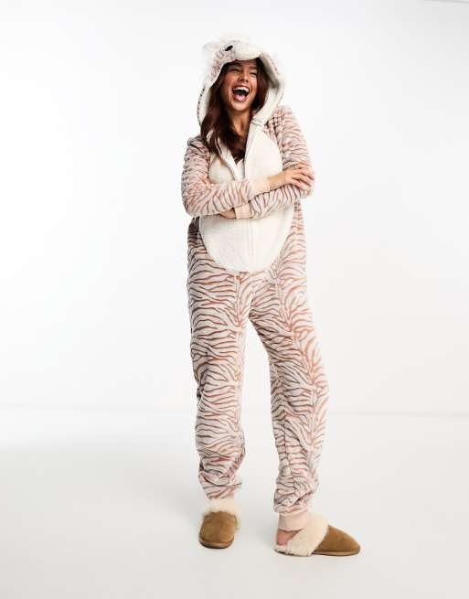 Loungeable fleece tiger all in one in beige