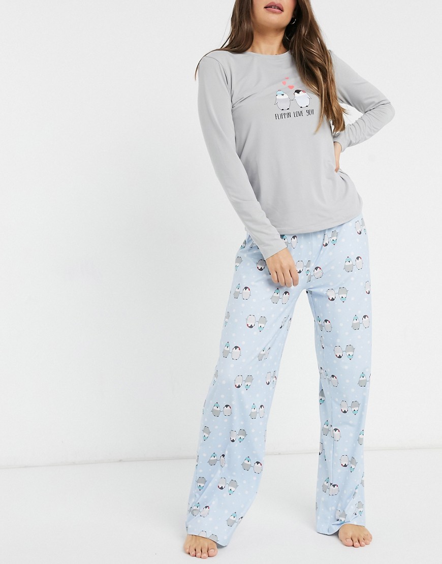 Loungeable flippin love you super soft pyjama set in grey and pale blue