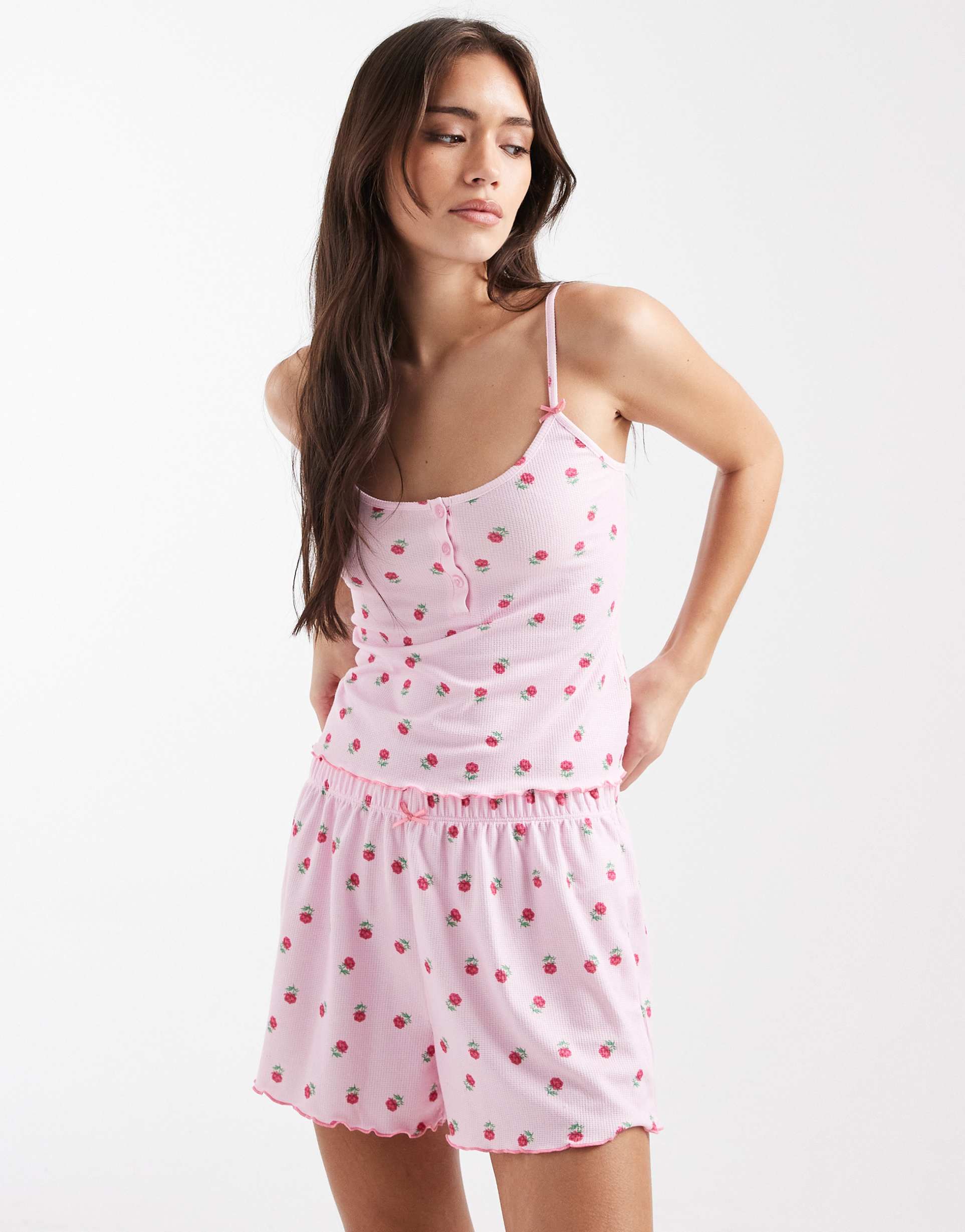 loungeable floral print baby waffle cami and shorts set in pink