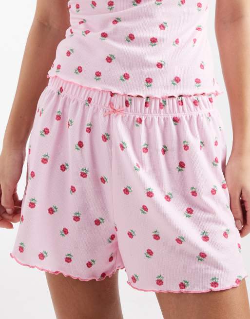 Loungeable floral print baby waffle cami and shorts set in pink, 2 of 4
