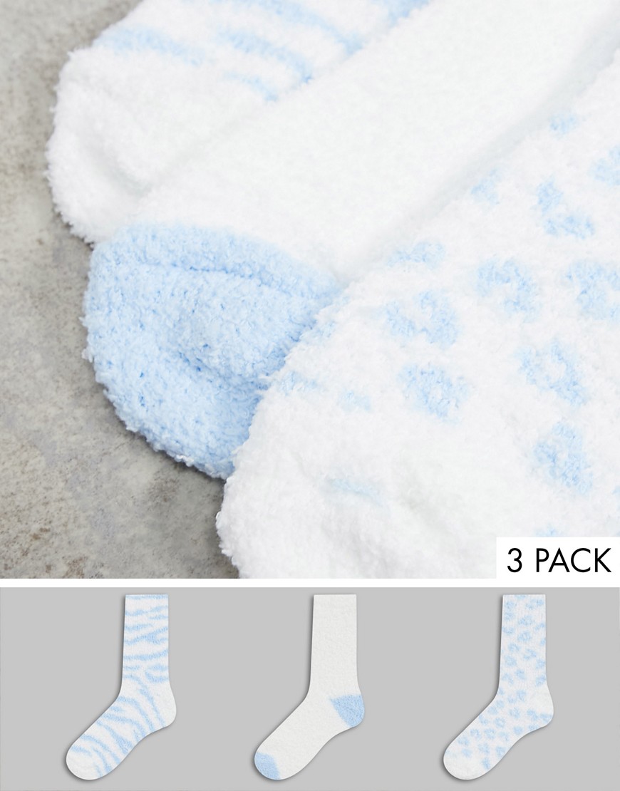 Loungeable fluffy 3 pack lounge socks in pale blue and white animal print-Blues