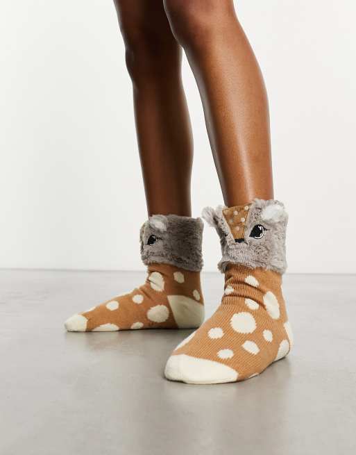 Loungeable fluffy christmas reindeer socks in brown