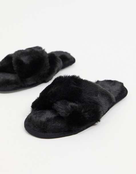 Loungeable fluffy cross front slider slipper in black - view 1