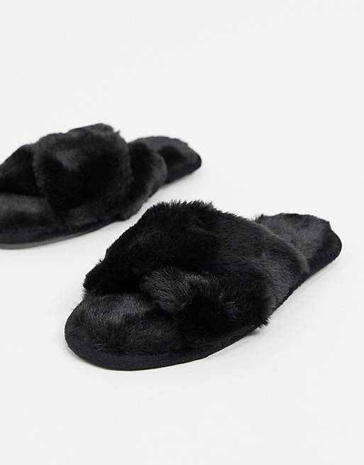 Loungeable fluffy cross front slider slipper in black