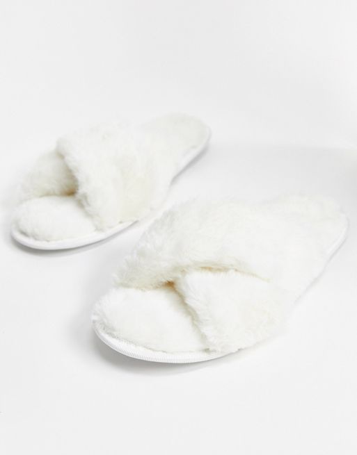 Loungeable fluffy cross front slider slipper in cream | ASOS