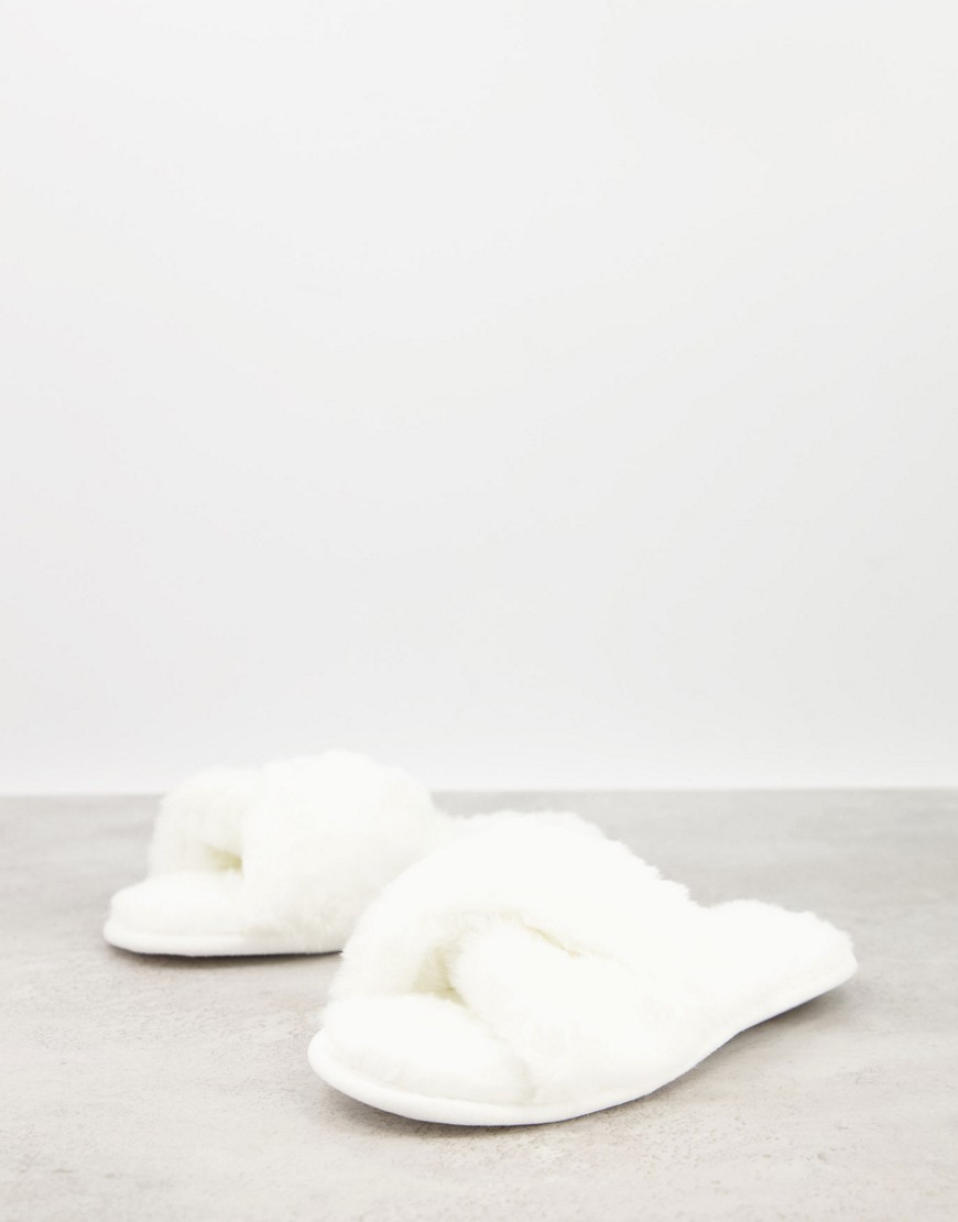 Loungeable fluffy cross front slider slipper in cream-White