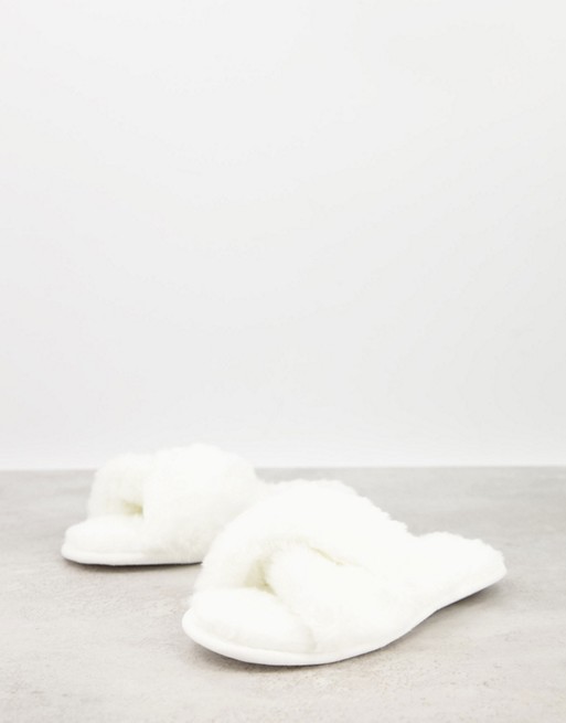 Loungeable fluffy cross front slider slipper in cream