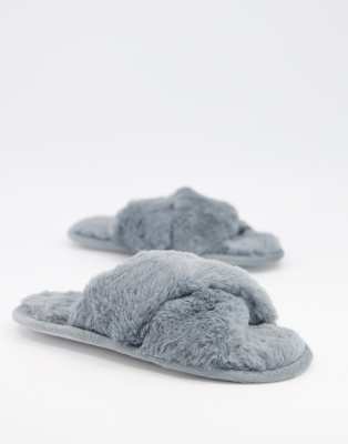 fluffy slider slippers grey