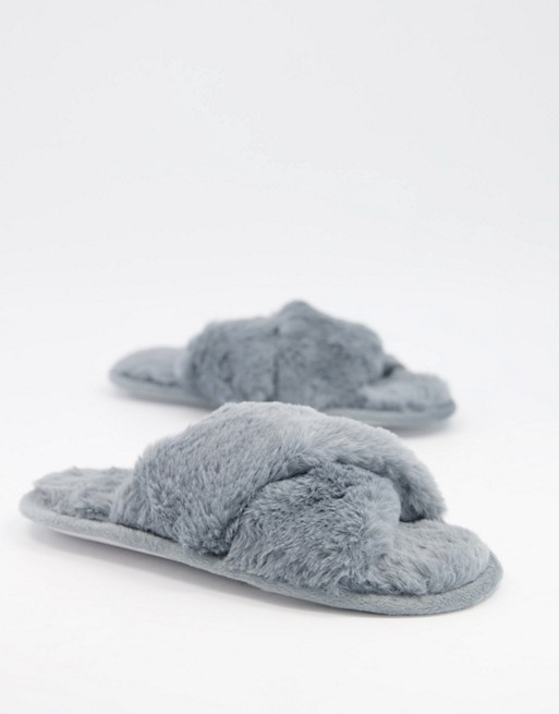 Loungeable fluffy cross front slider slipper in grey