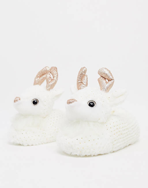 Loungeable fluffy gold antler stag slippers in cream