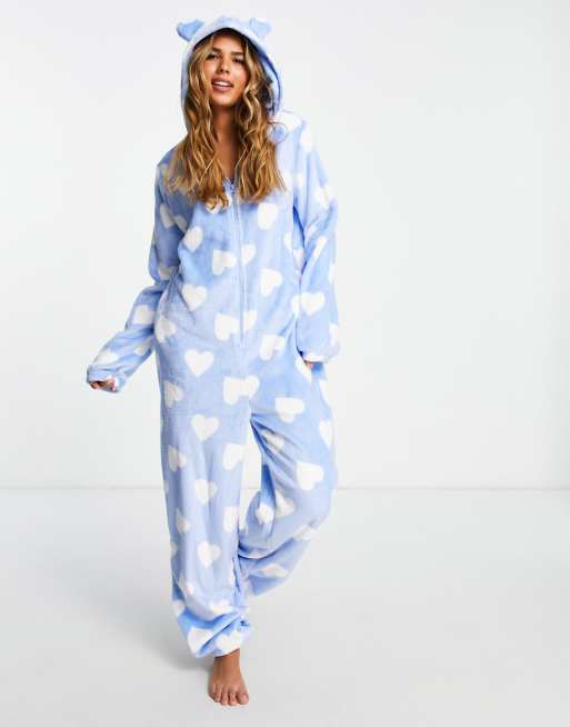 Loungeable fluffy heart print onesie in pale blue