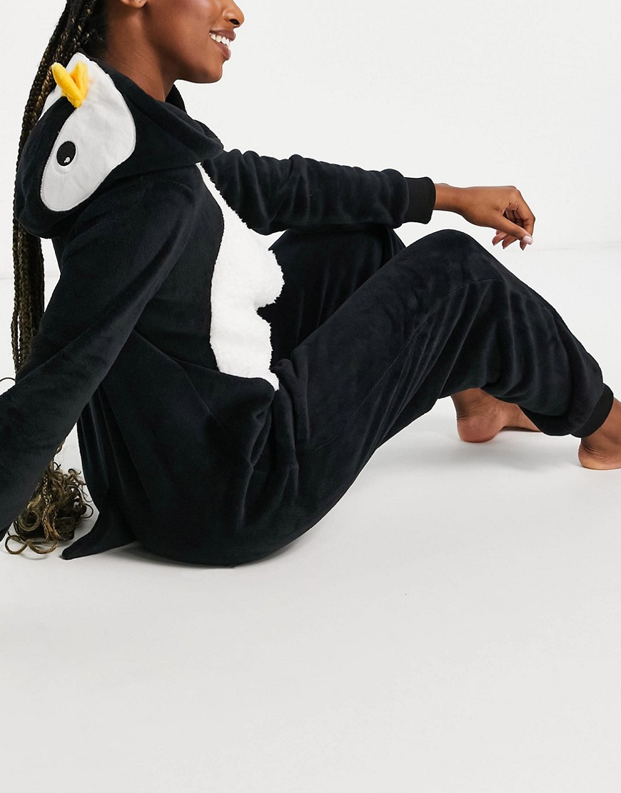Loungeable fluffy penguin onesie in black and white