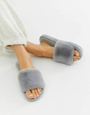 grey fluffy slippers