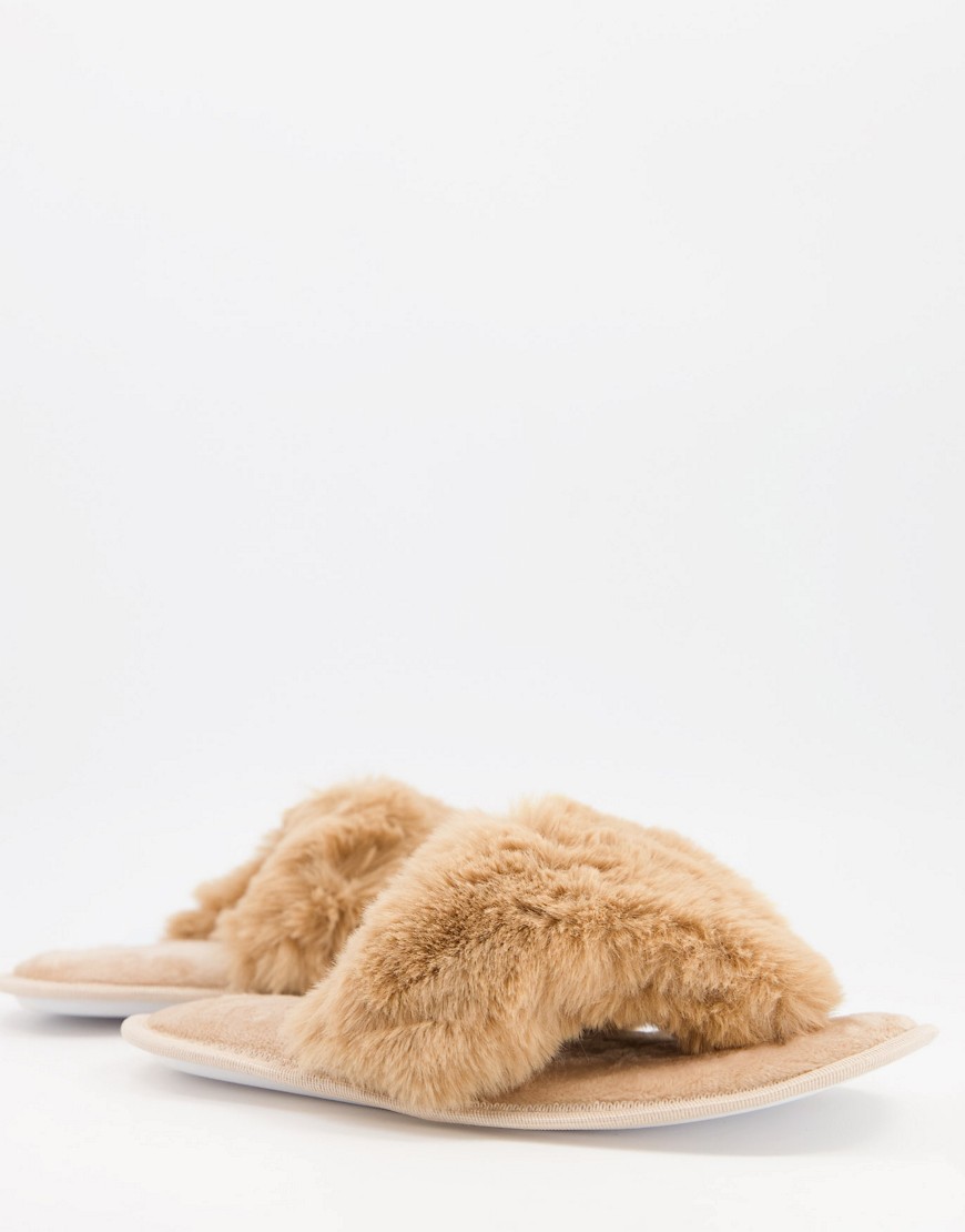Loungeable fluffy thong slipper in beige-Neutral