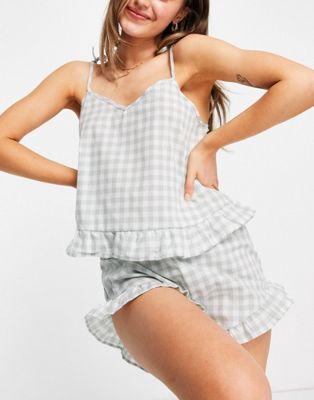Loungeable frill cami and short pyjama set in sage gingham