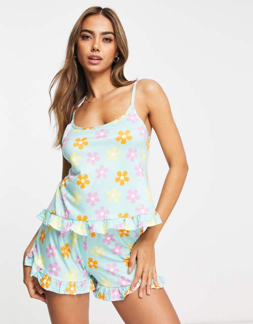 Loungeable frill cami and shorts pajama set in retro floral print