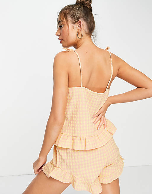 Frill cami and shorts set in lemon and pink gingham Asos Women Clothing Underwear Briefs Shorts 