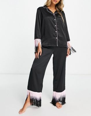 Loungeable fringed long button through pyjama set in black and pink