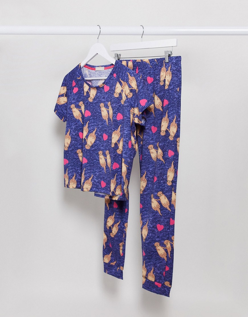 Loungeable - Gekleurde otter pyjamaset met legging-Marineblauw