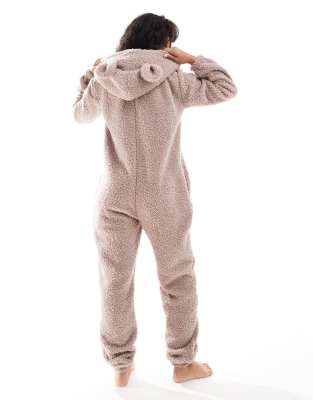 Loungeable - Gemusterter Onesie aus Teddyfell in Taupe-Brown