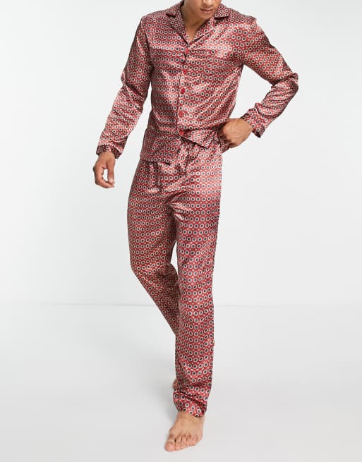 Loungeable geo print satin pajamas in burgundy