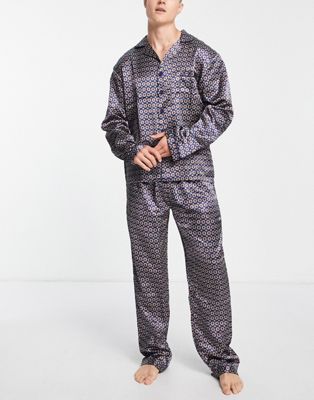 Loungeable geo print satin pyjamas in navy
