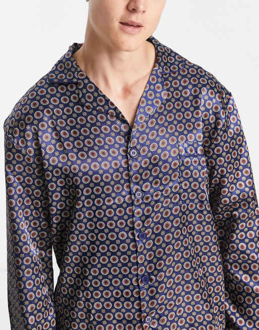 Loungeable geo print satin pyjamas in navy ASOS
