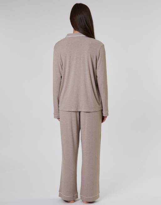 Loungeable - Geribbeld traditioneel overhemd met lange mouwen en lange broek in lichtbeige , 5 van 5