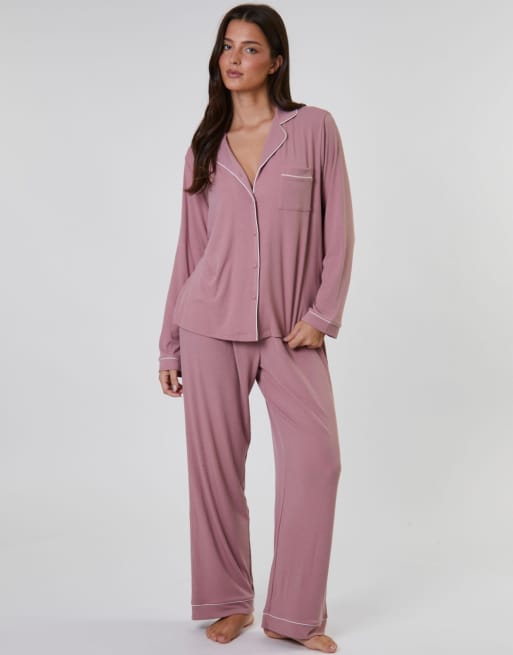 Loungeable - Geribbeld traditioneel overhemd met lange mouwen en lange broek in roze , 2 van 7
