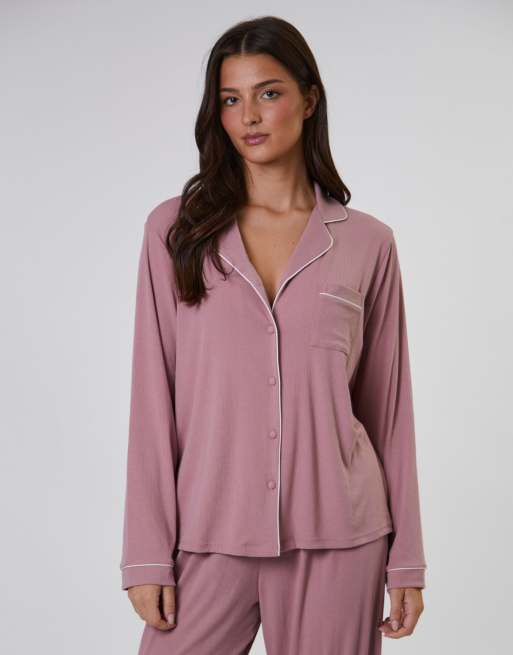 Loungeable - Geribbeld traditioneel overhemd met lange mouwen en lange broek in roze , 3 van 7