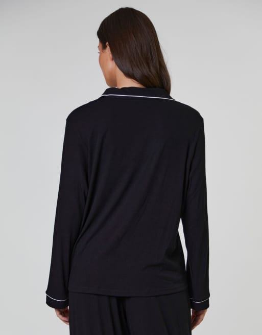 Loungeable - Geribbeld traditioneel overhemd met lange mouwen en lange broek in zwart , 5 van 6