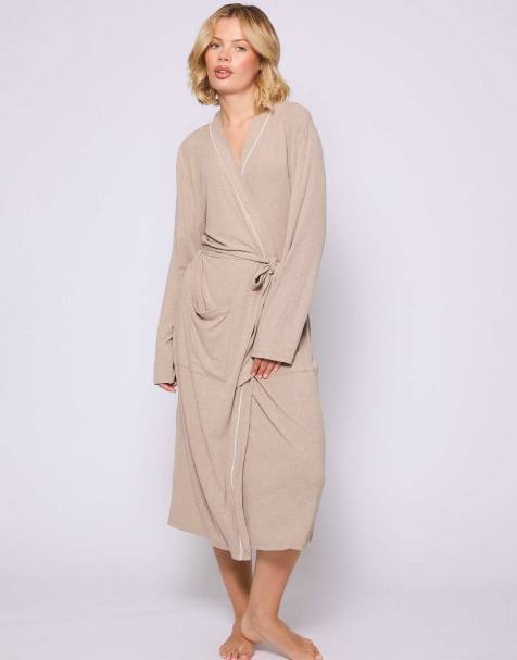 Loungeable - Geribbelde kimono badjas van 120 cm in lichtbeige - view 1