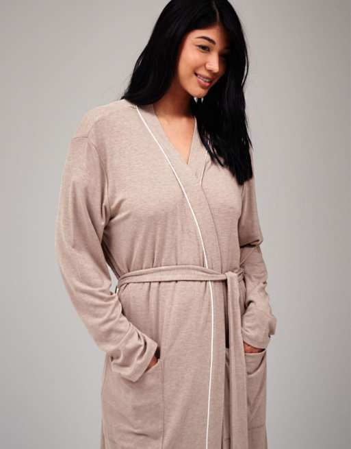 Loungeable - Geribbelde kimono badjas van 120 cm in lichtbeige, 2 van 3