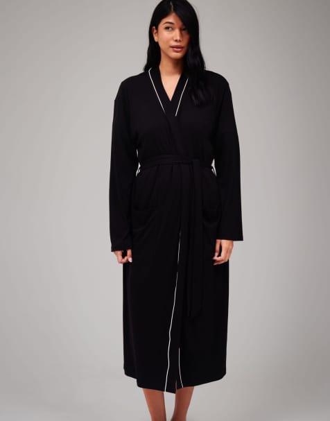 Loungeable - Geribbelde kimono badjas van 120 cm in zwart - view 1