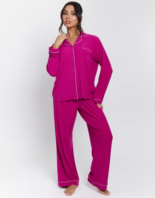 Loungeable – Gerippter Damen-Pyjama in Dunkelrosa, aus langärmligem, klassischem Hemd und langer Hose