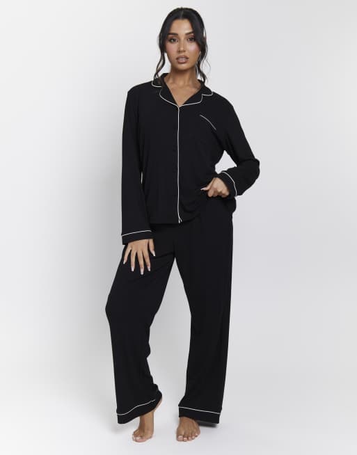 Loungeable – Gerippter Damen-Pyjama in Schwarz mit langärmligem, klassischem Hemd und langer Hose