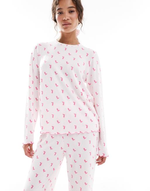 Loungeable – Geripptes, angerautes Set in Rosa mit Cowboystiefel-Muster, bestehend aus langärmligem Oberteil und Hose, 4 von 4