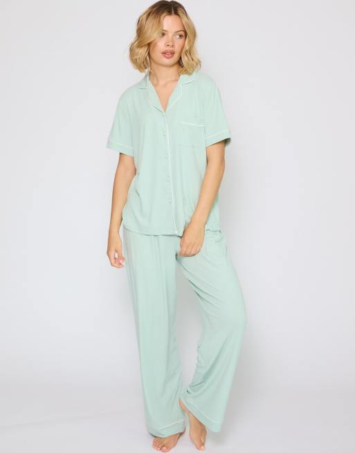 Loungeable geripptes kurzärmliges traditionelles Hemd und lange Pyjamas in Grün, 3 von 4
