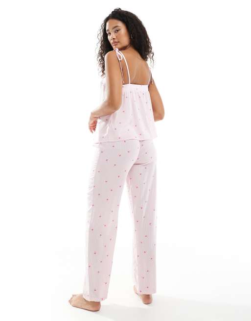 Loungeable - Gestreepte cami met gestrikte schouderbandjes en broek met palmboomprint in roze, 3 van 4